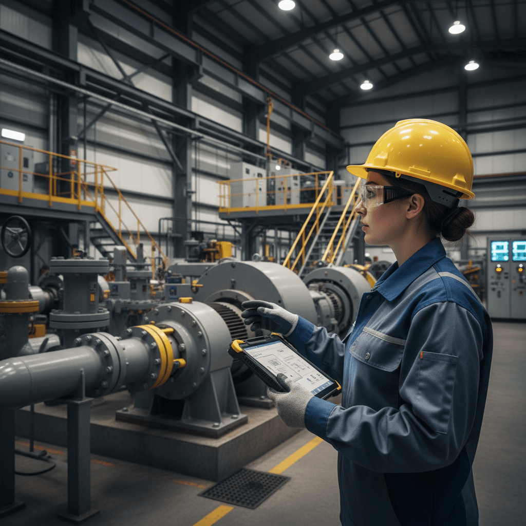 Engineer in a hard hat using a tablet to inspect equipment in an industrial facility