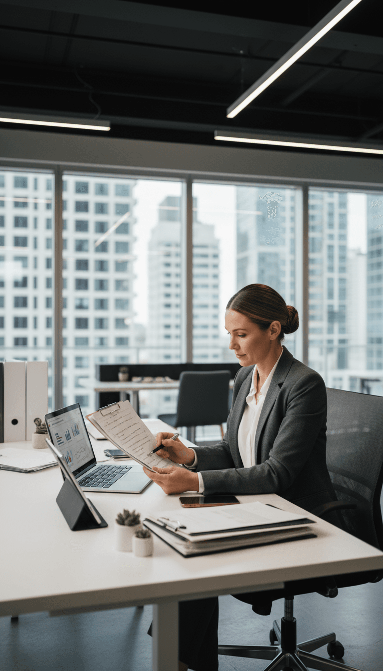 Property manager coordinating maintenance work from a modern office