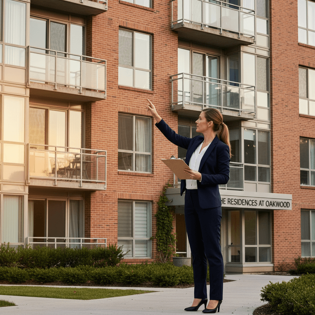 Property manager inspecting a commercial building exterior