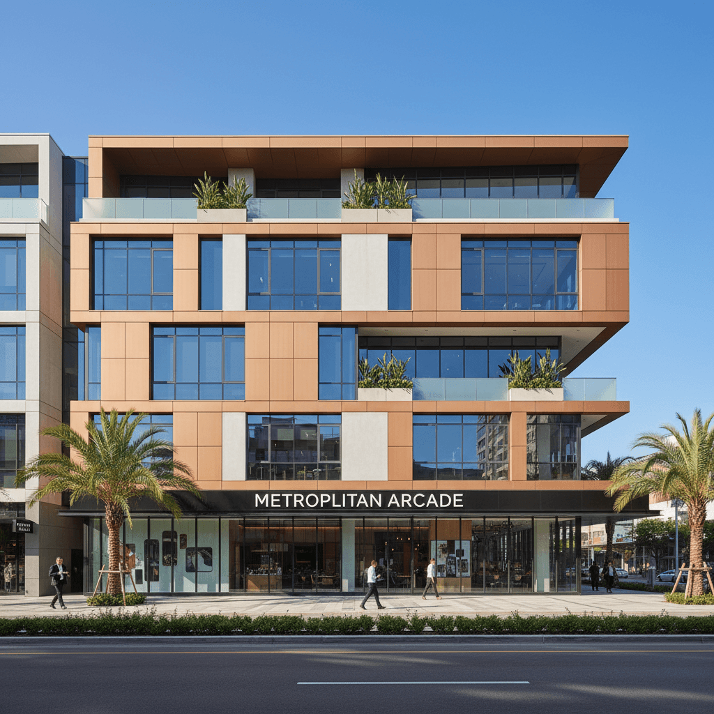 Modern mixed-use commercial building exterior with clean professional architecture