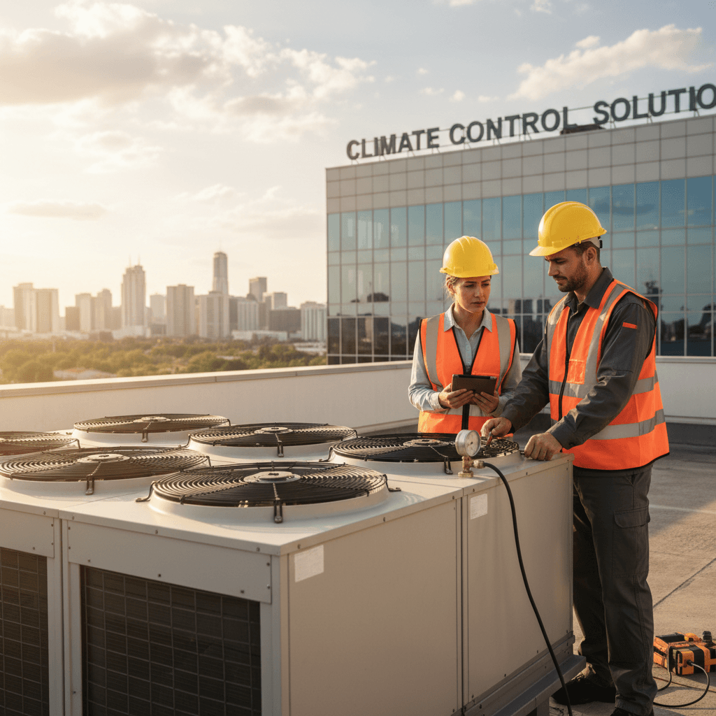 Two technicians in hard hats inspecting an HVAC unit outside a commercial building