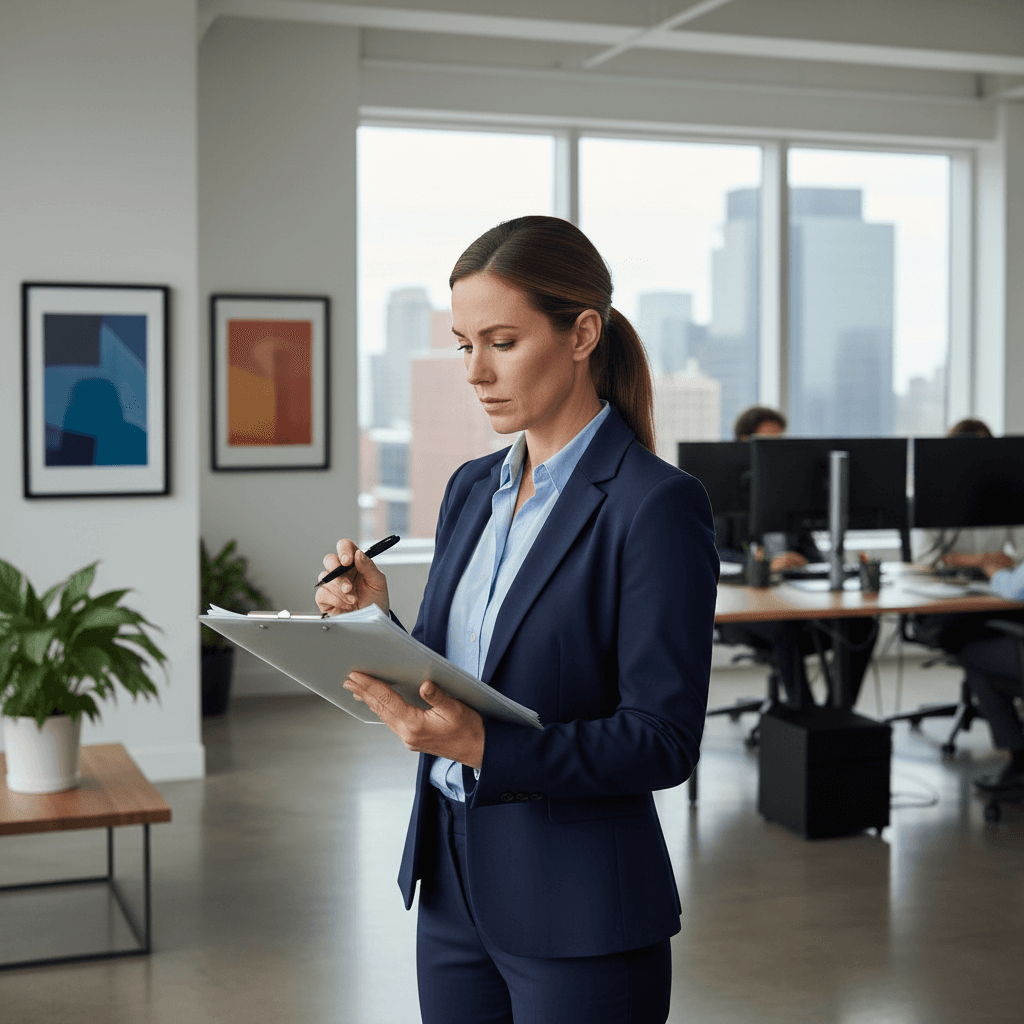 Professional property manager reviewing a clipboard in a modern office