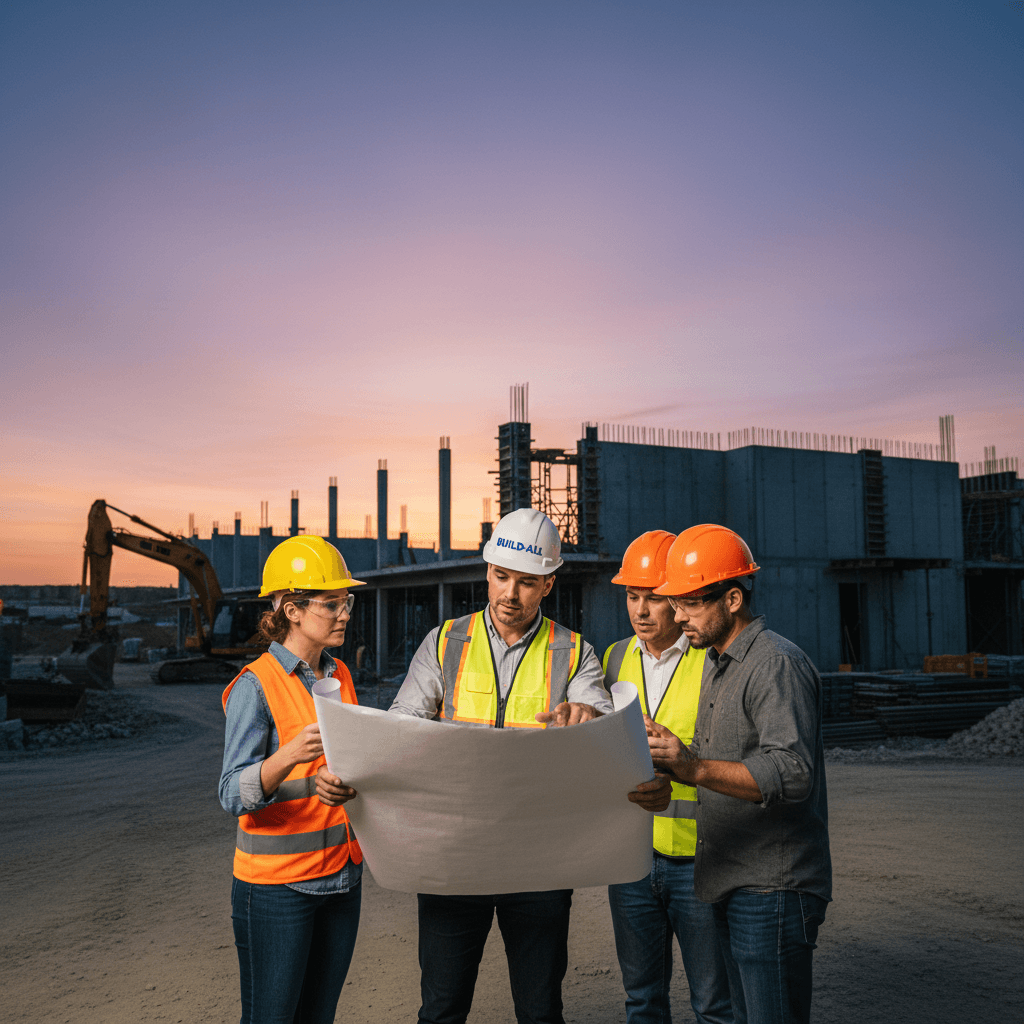 Contractor in a hard hat reviewing blueprints at a construction site with a team