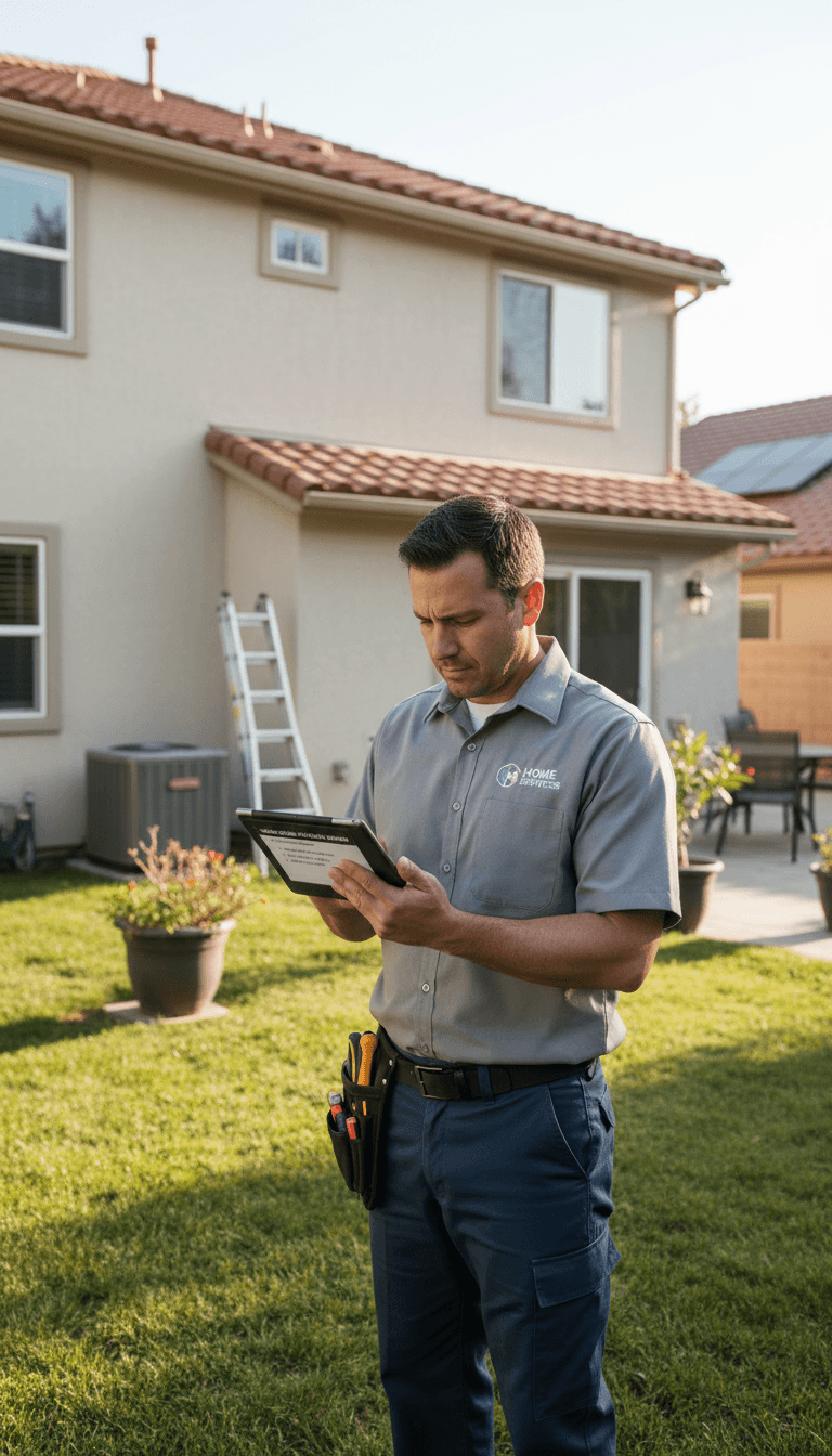 Maintenance technician with tablet at a residential property